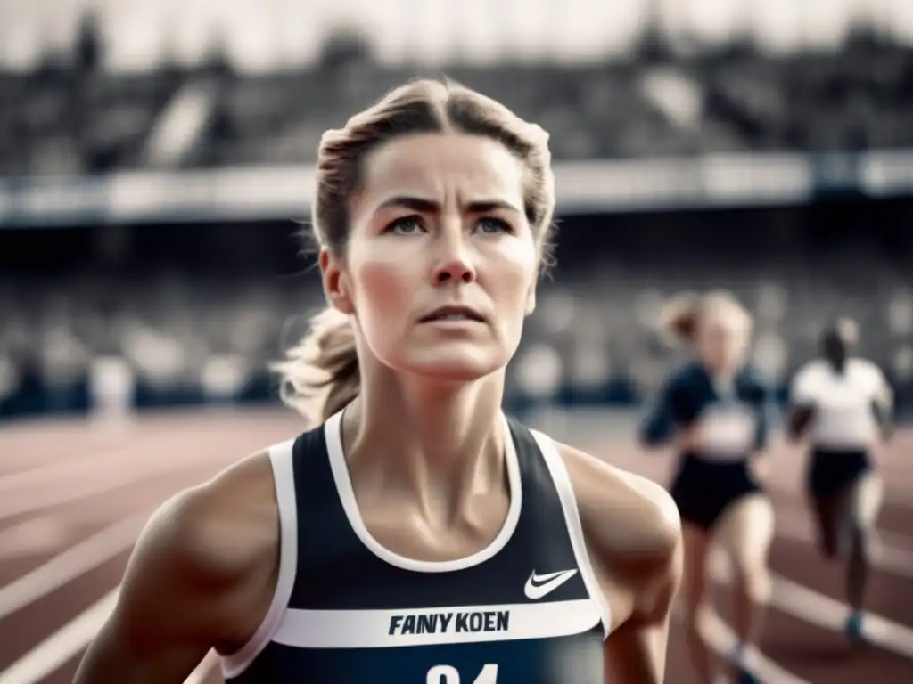 En la foto en blanco y negro, vemos a Fanny BlankersKoen en la línea de salida de una pista, irradiando determinación y fuerza