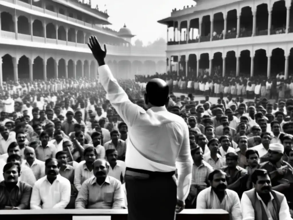Chandra Shekhar lidera con determinación en una foto en blanco y negro, su gesto poderoso resalta su legado político en India