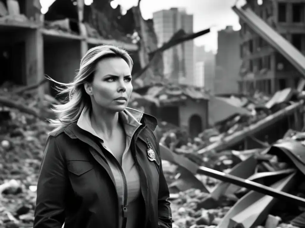 Una foto en blanco y negro de Lara Logan, corresponsal de guerra, en una ciudad devastada