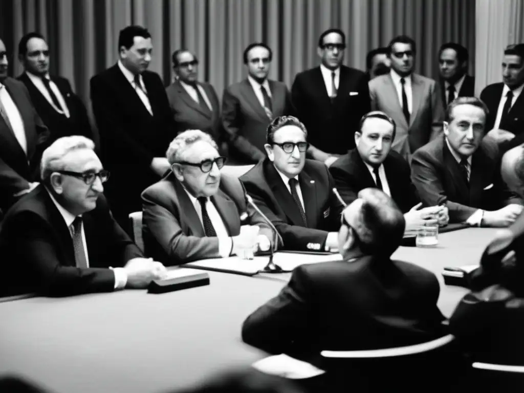 Foto en blanco y negro de Henry Kissinger en una intensa reunión diplomática, destacando su papel en la diplomacia de Vietnam