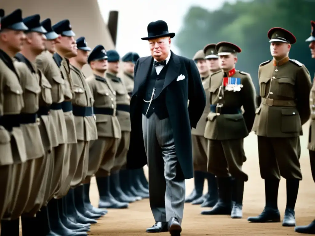 Una foto en blanco y negro de Winston Churchill rodeado de soldados, exudando determinación y liderazgo