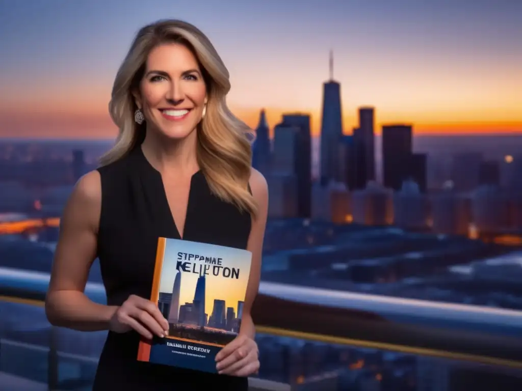 Una foto de Stephanie Kelton con su libro de Teoría Monetaria Moderna, de fondo una ciudad moderna al atardecer