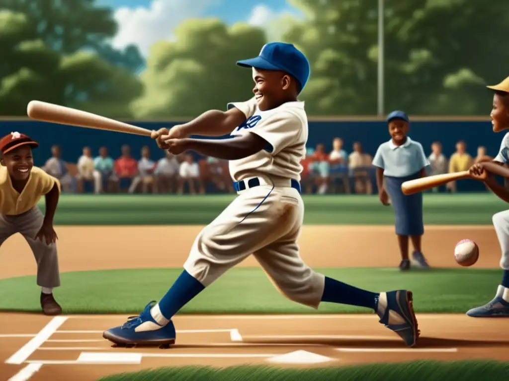 En la foto, Jackie Robinson lucha béisbol con niños en un campo vibrante y soleado, irradiando alegría y determinación