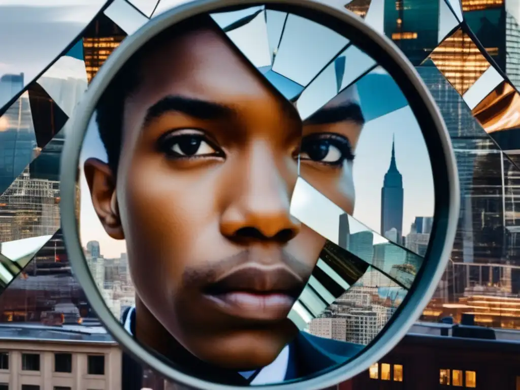 Una fotografía fragmentada de un espejo refleja una compleja identidad moderna en un entorno urbano