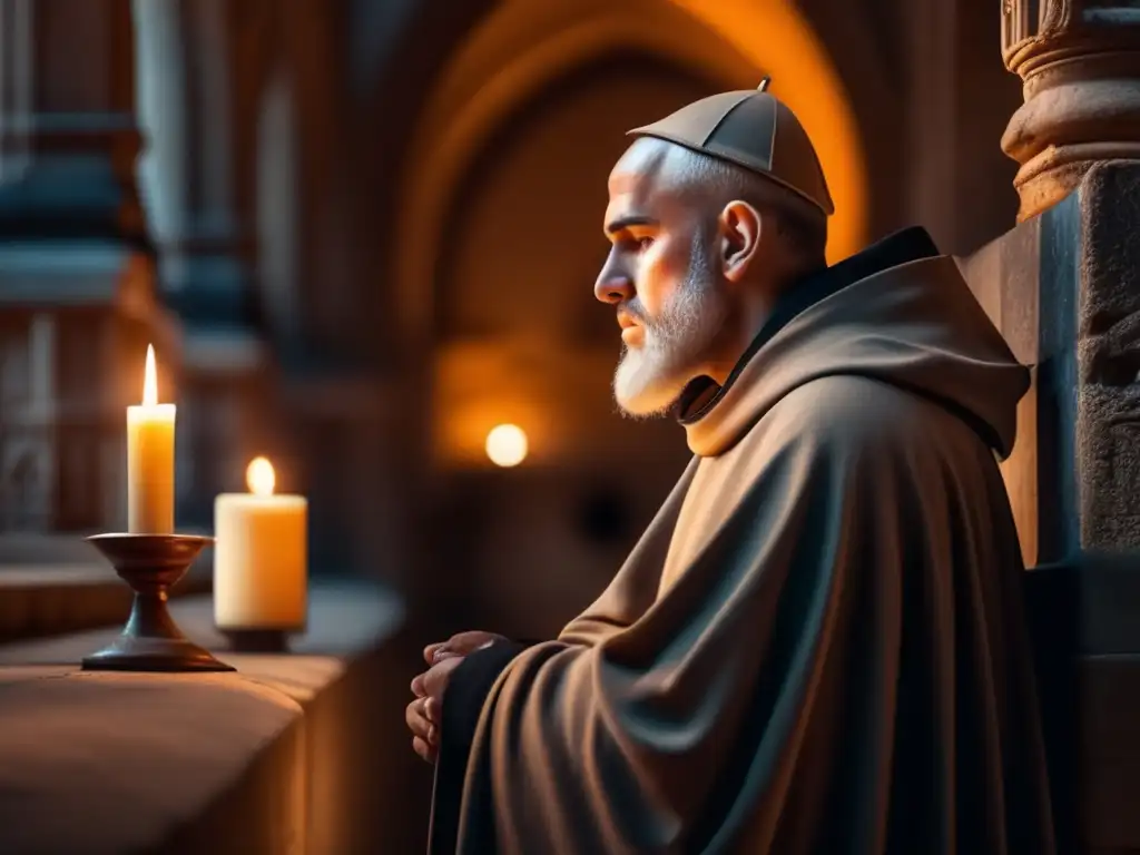 Un fraile dominico en profunda contemplación en un antiguo claustro iluminado por velas