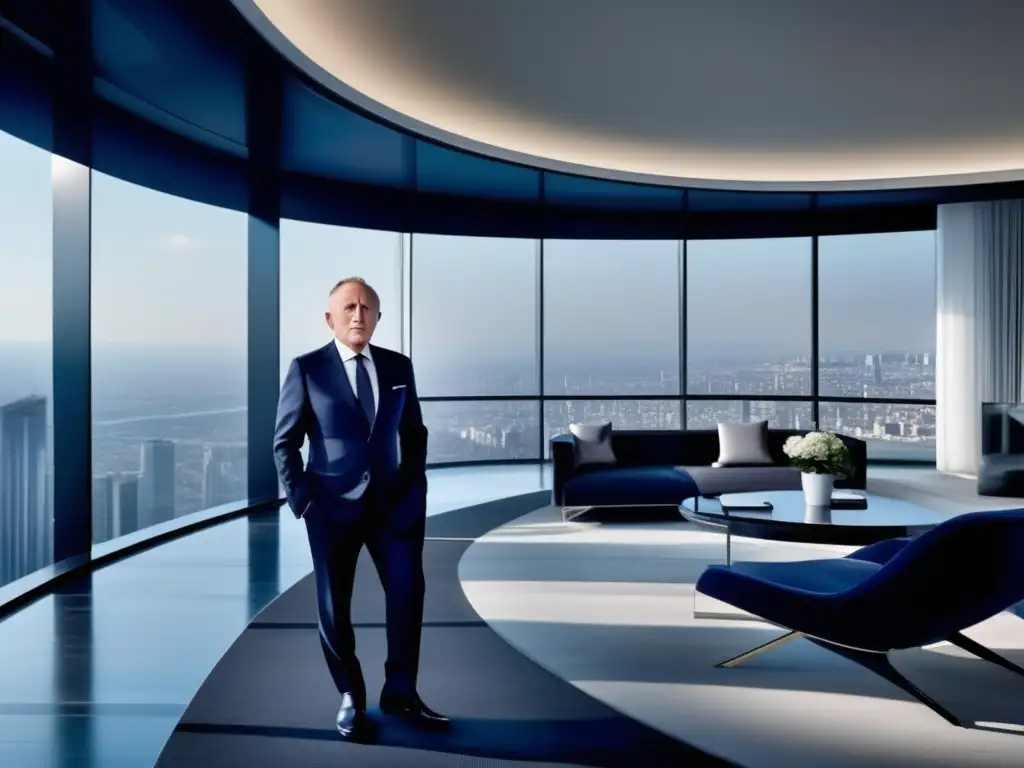François Pinault, historia de éxito, en su oficina moderna con vistas a la ciudad, refleja poder y sofisticación