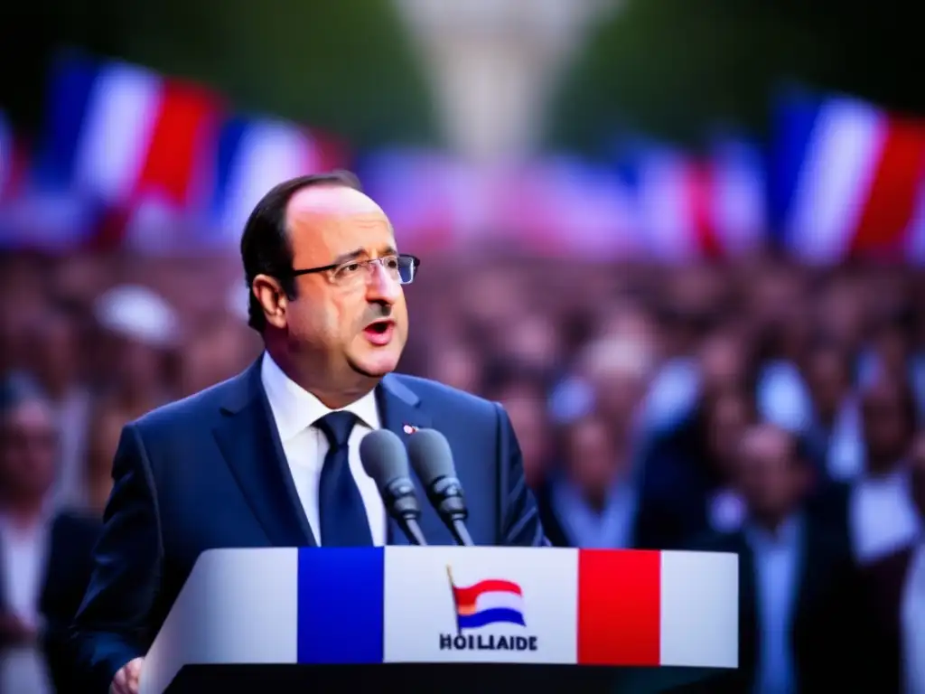 François Hollande entrega un discurso frente a una multitud seria, con banderas francesas de fondo