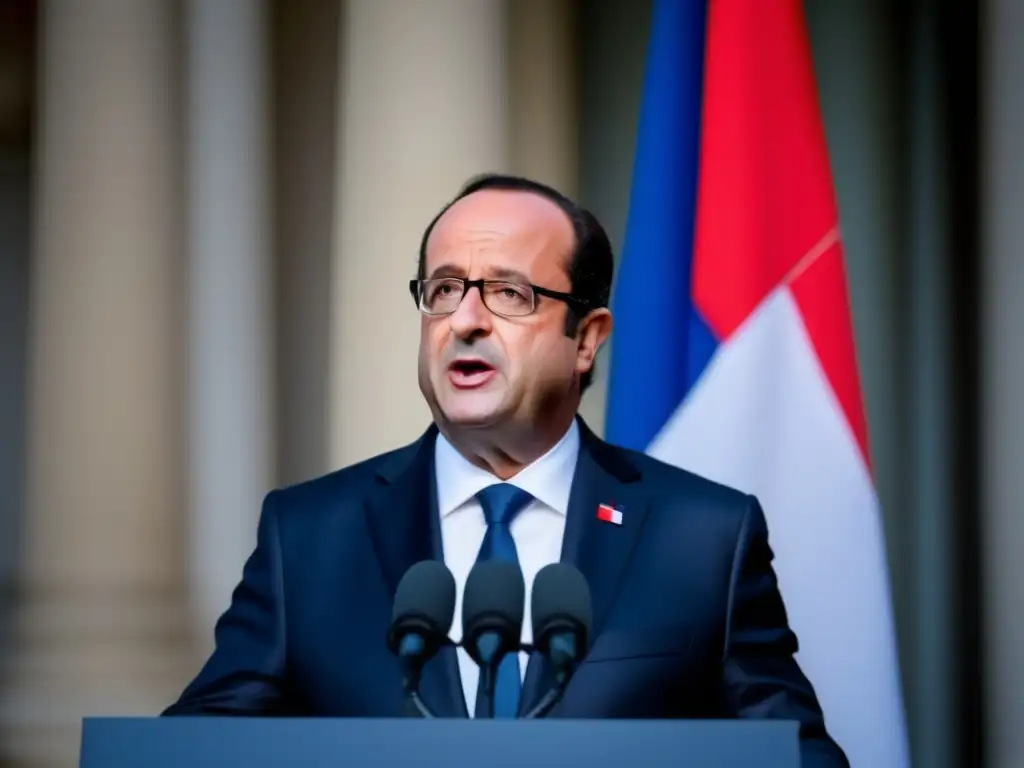François Hollande pronuncia un discurso en el Palacio del Elíseo, con gesto serio y determinado, en medio de la crisis económica en Francia