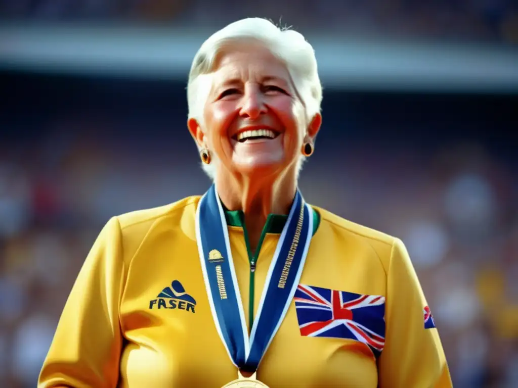 Biografía de Dawn Fraser legado olímpico: Imagen detallada de Dawn Fraser en el podio olímpico, luciendo su medalla de oro y radiando triunfo
