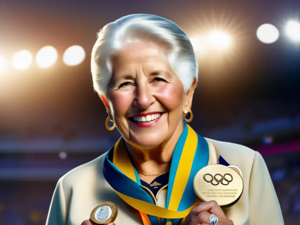 Dawn Fraser, legado olímpico: Imagen moderna de la nadadora en el podio con su medalla de oro, sonriendo orgullosa, rodeada de los anillos olímpicos