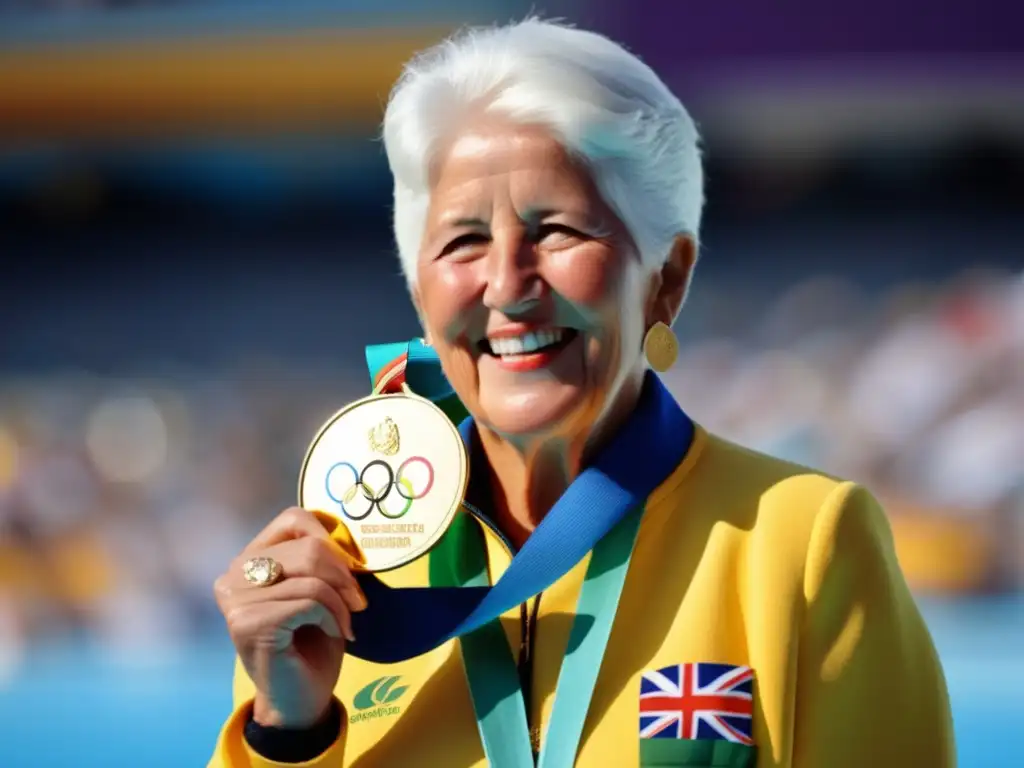 Dawn Fraser se destaca en el podio olímpico, con la bandera australiana y una mirada determinada