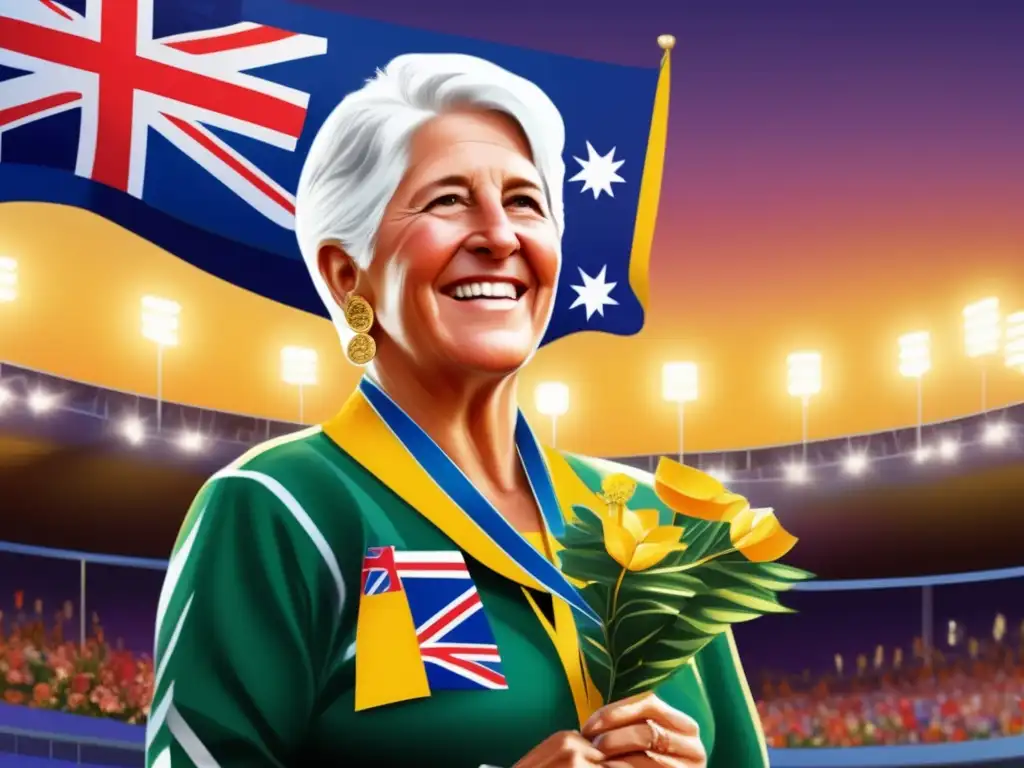 Dawn Fraser en el podio olímpico con su medalla de oro y la bandera australiana, reflejando su legado olímpico y espíritu rebelde