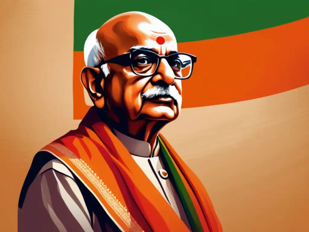 Lal Krishna Advani reflexiona frente a la bandera india en una obra de arte digital, simbolizando su legado en el nacionalismo indio
