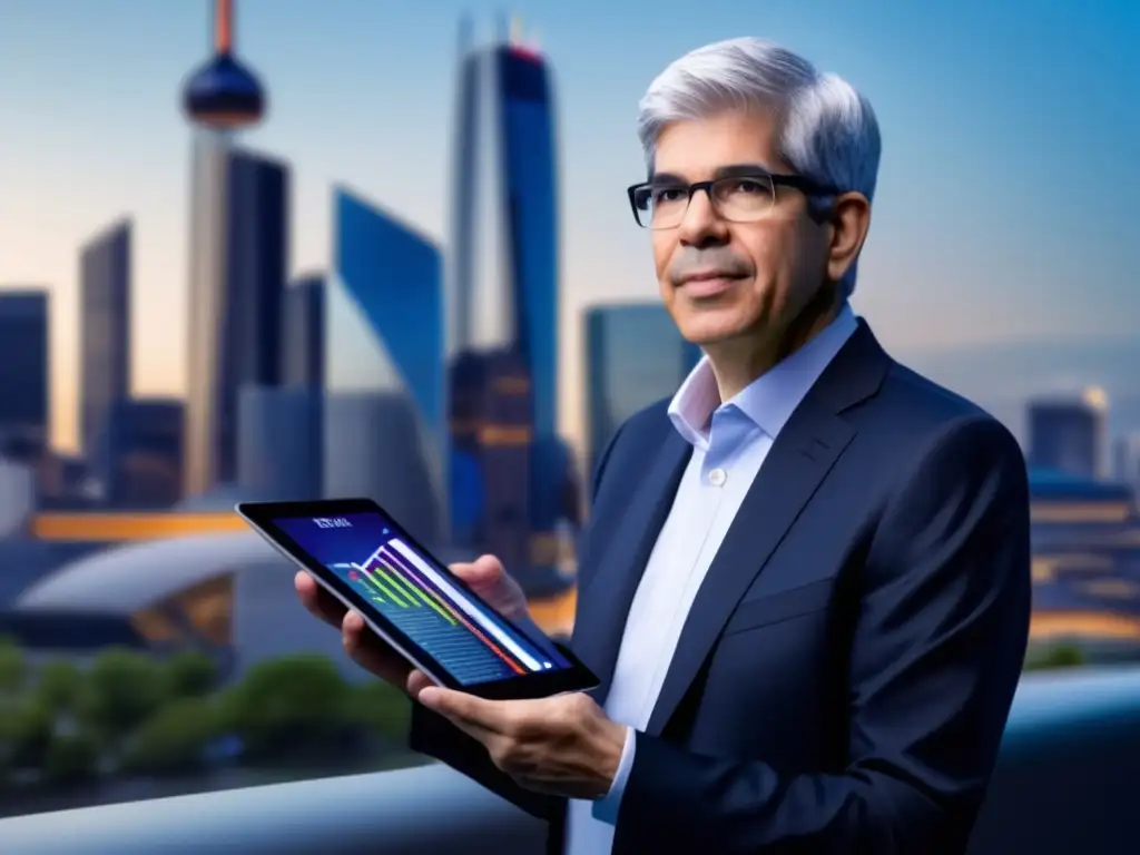 Paul Romer frente a una ciudad moderna, sosteniendo una tableta con gráficos de crecimiento económico