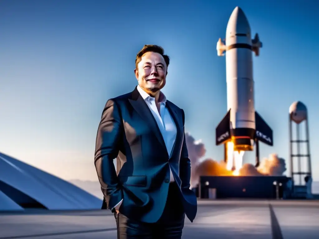 Elon Musk frente a un cohete SpaceX, reflejando visión y determinación