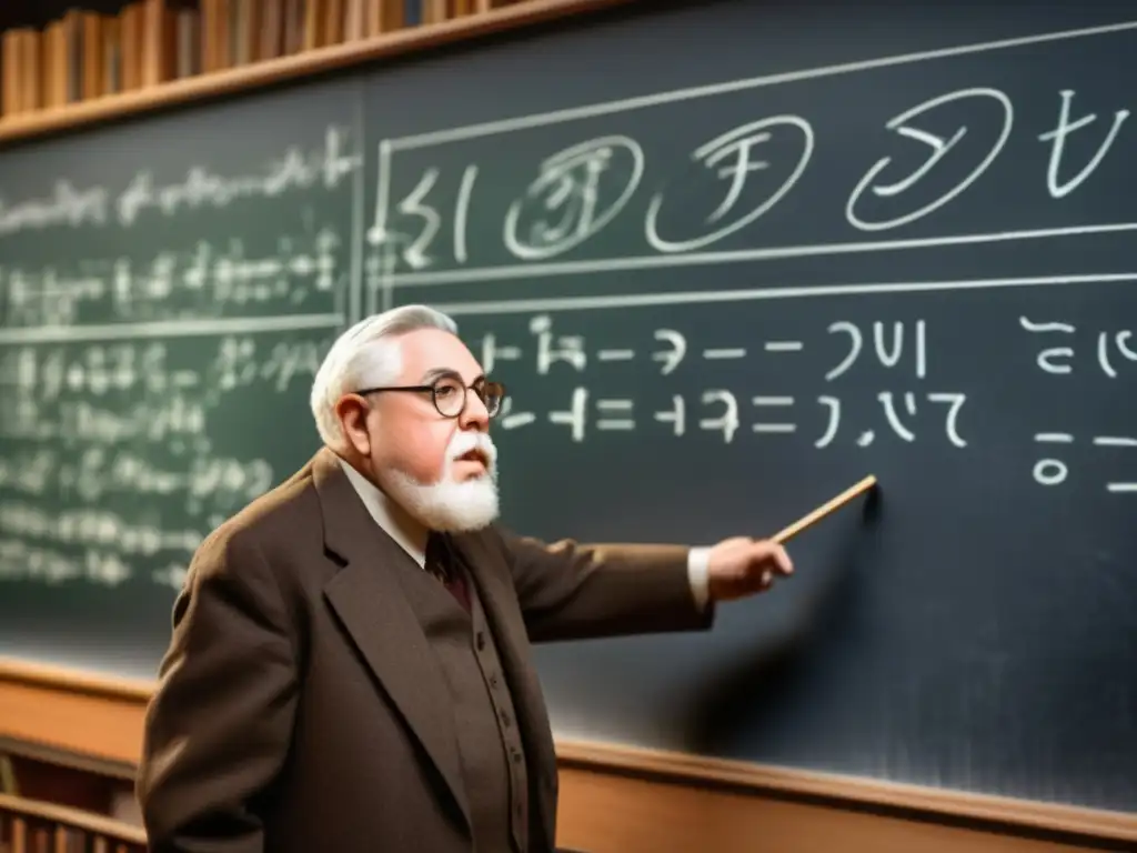 Norbert Wiener, pionero en cibernética, destaca frente a complejas ecuaciones en una atmósfera de intensidad y movimiento