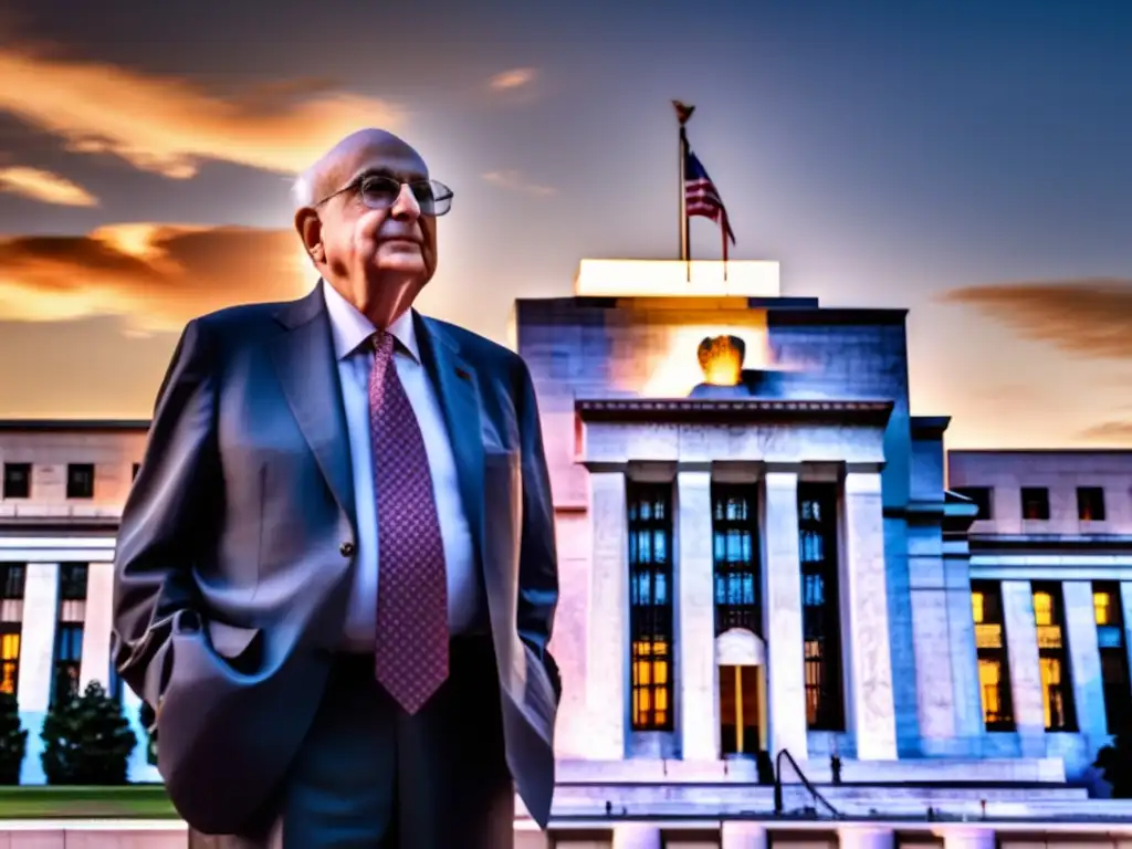 Paul Volcker, con determinación frente al edificio de la Reserva Federal, capturando sus logros en la lucha contra la inflación
