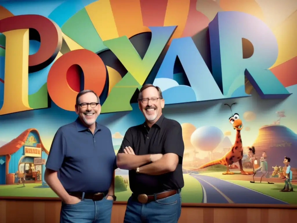 Ed Catmull y John Lasseter frente al letrero de Pixar Animation Studios rodeados de arte conceptual y guiones
