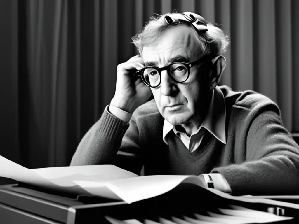 Woody Allen se sienta frente a una máquina de escribir, rodeado de papel arrugado, con una expresión contemplativa