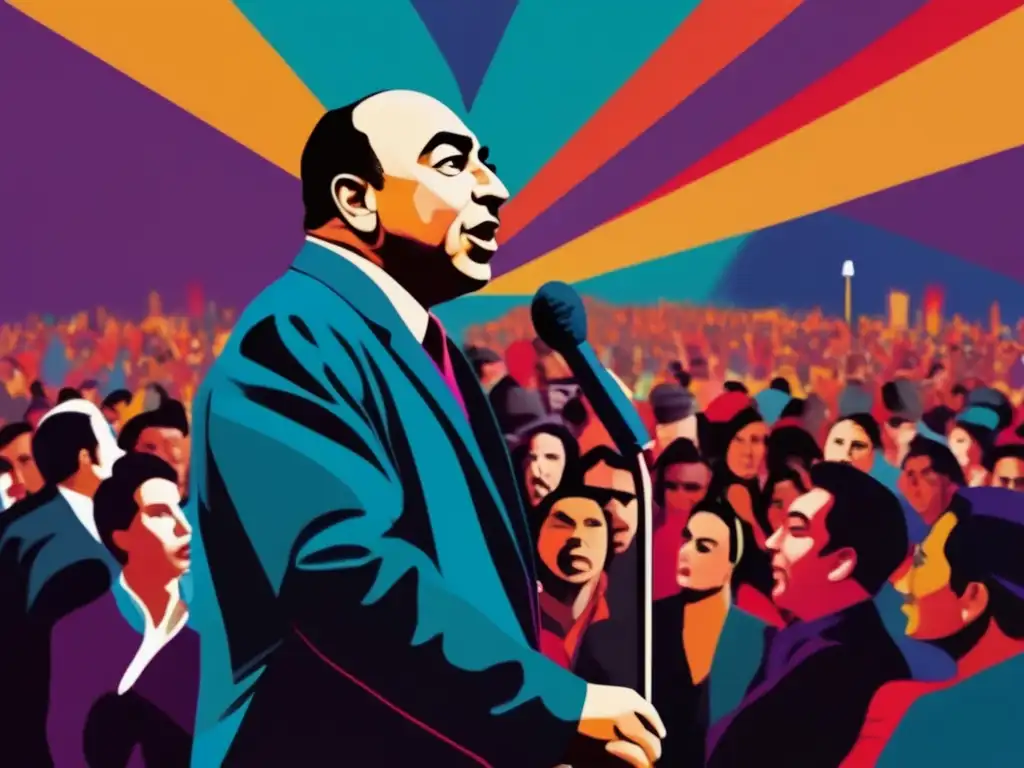 Pablo Neruda recita apasionadamente poesía frente a una multitud en un entorno de activismo político