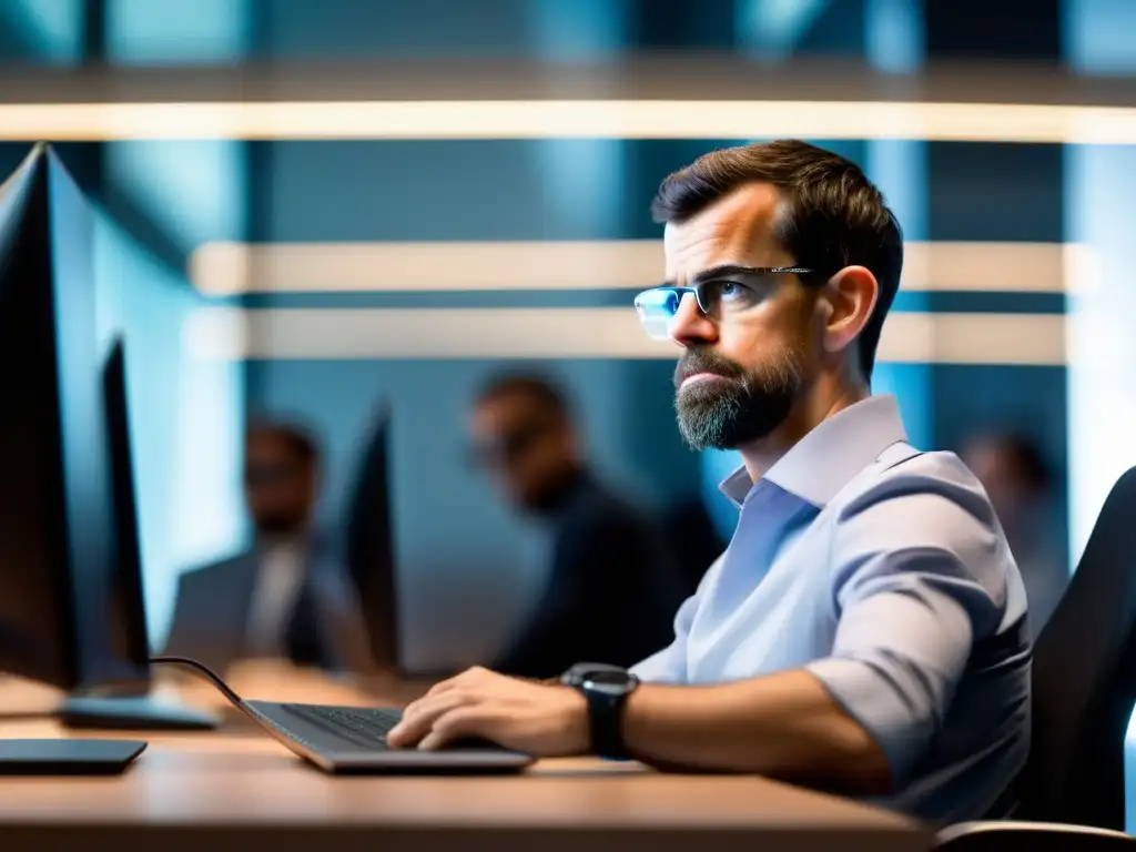 Jack Dorsey, cofundador y CEO de Twitter, concentradísimo frente a la pantalla en una oficina moderna