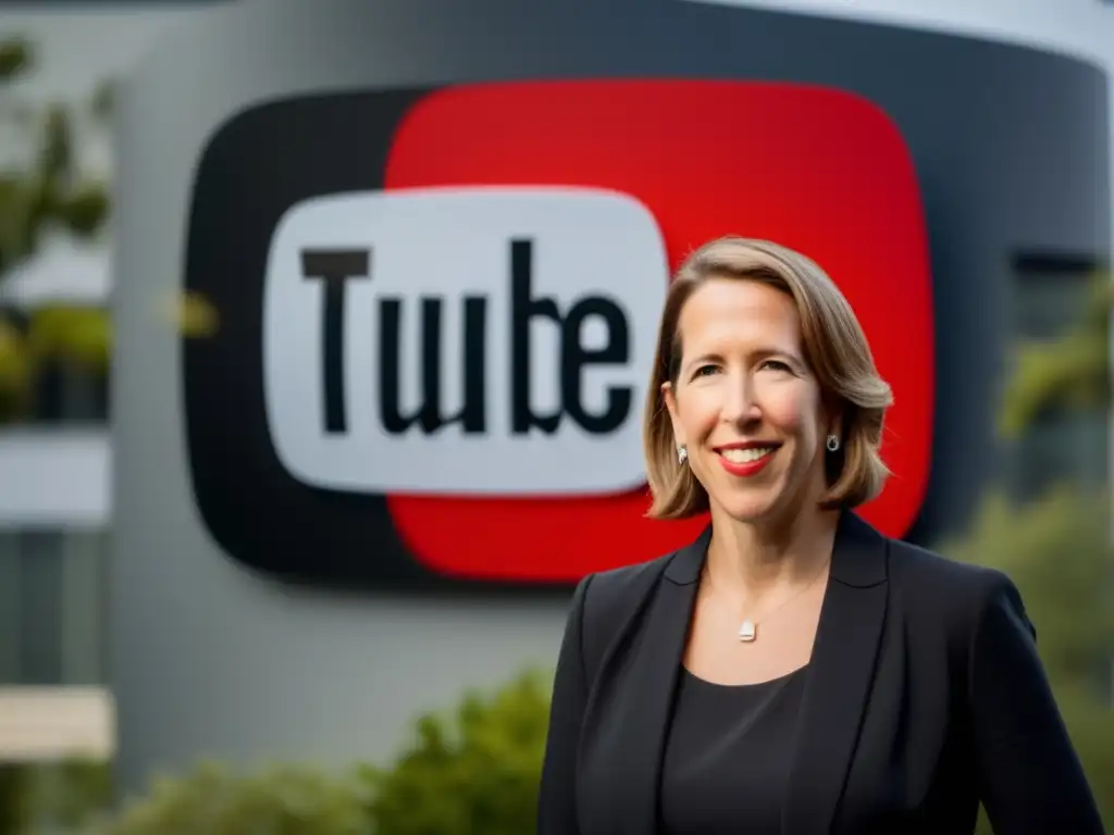 Susan Wojcicki, CEO de YouTube, posando con determinación frente a la sede