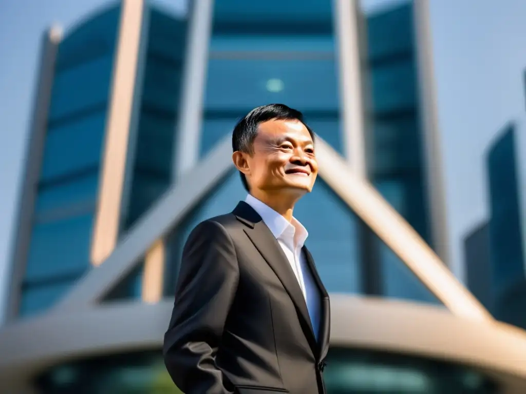Jack Ma frente a la sede de Alibaba, con expresión visionaria