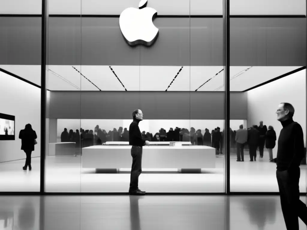 Steve Jobs frente a una tienda Apple, mirada segura, reflejo en cristal