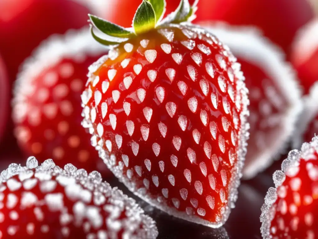 Una fresa congelada perfectamente conservada muestra cristales de hielo y un color rojo vibrante, reflejando la revolución del congelado Clarence Birdseye en la industria alimentaria