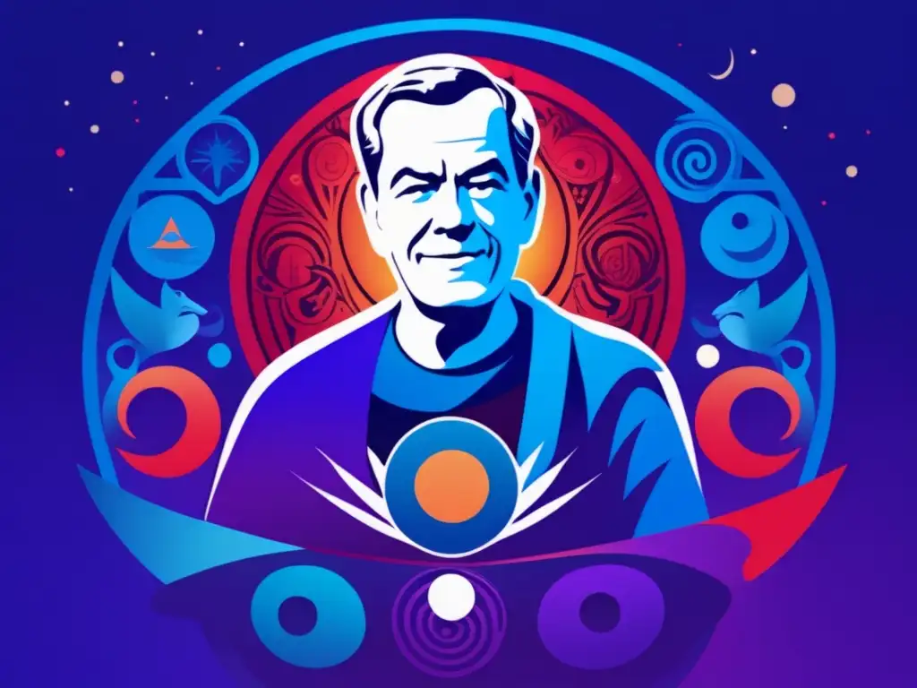 Un fresco y vibrante retrato digital de Joseph Campbell rodeado de símbolos mitológicos