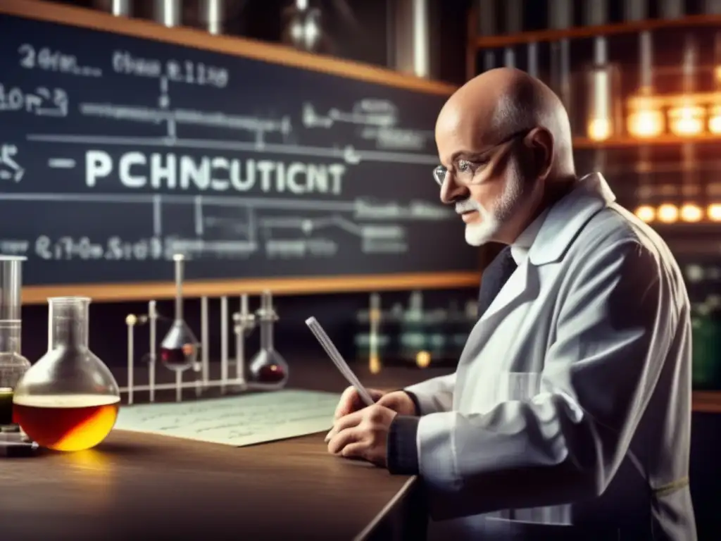 Fritz Haber inmerso en su laboratorio, rodeado de equipos científicos, escribiendo en una pizarra llena de ecuaciones químicas