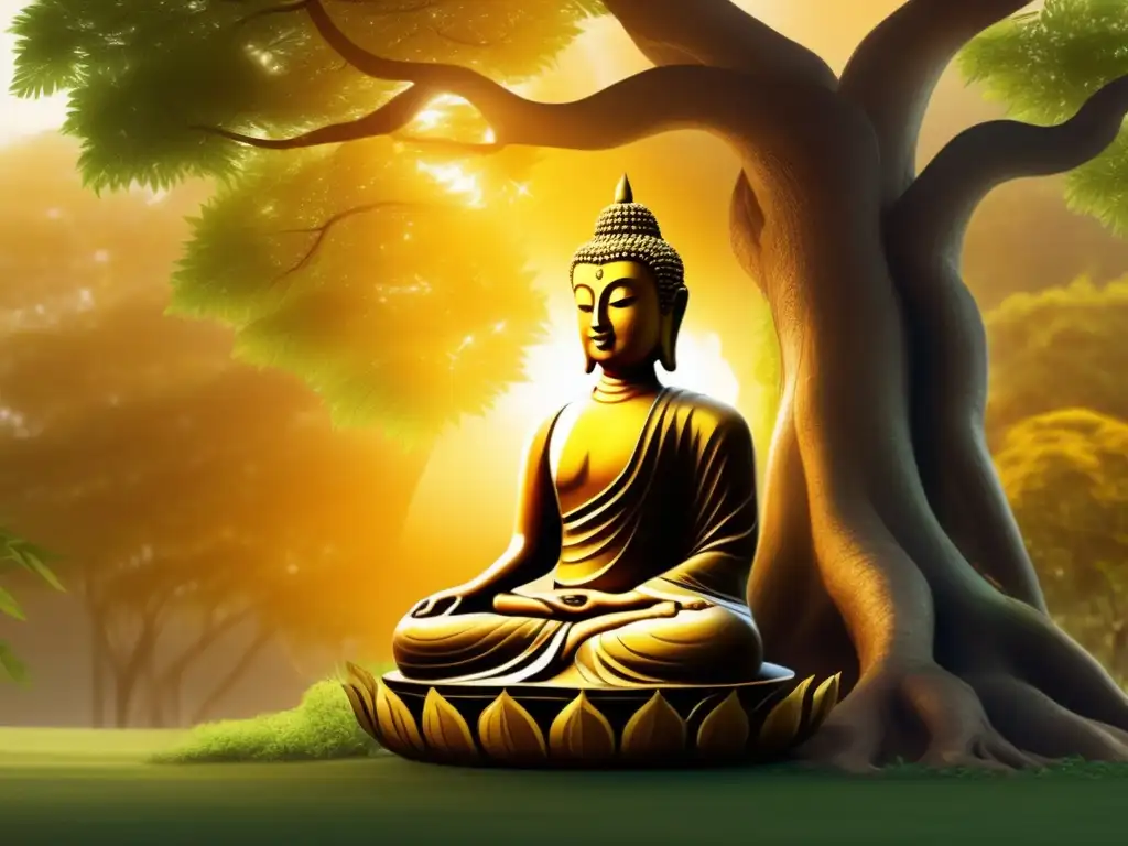 Bajo el frondoso árbol Bodhi, Gautama Buda medita en serena claridad, irradiando enseñanzas de Gautama Buda en India