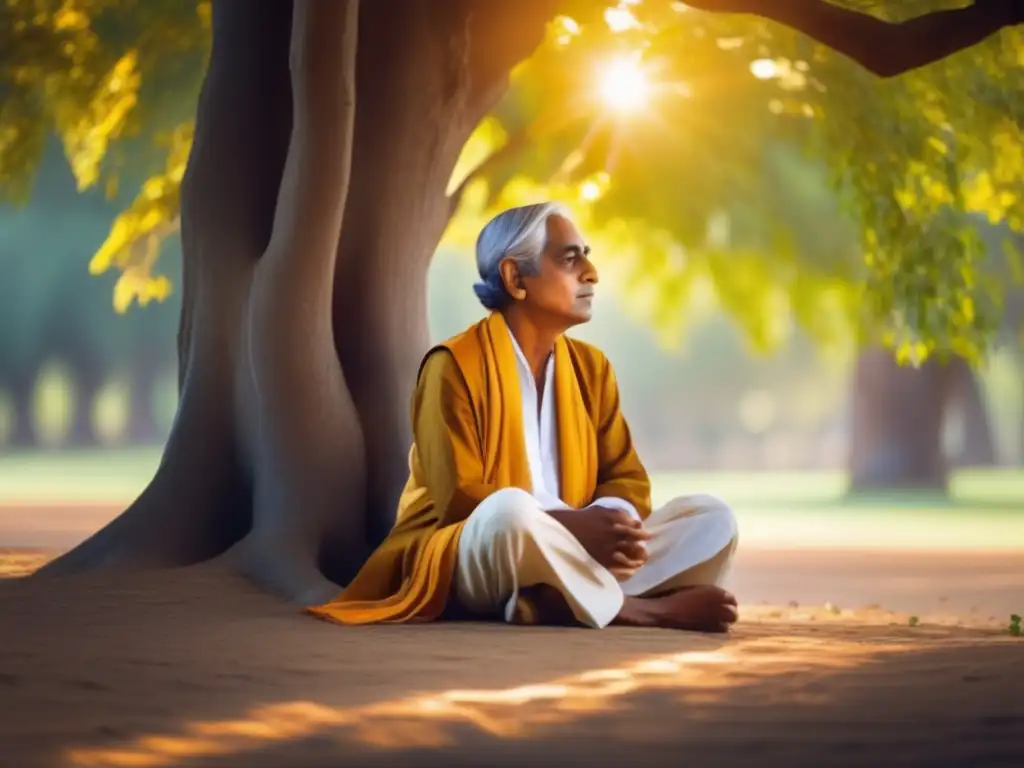 Bajo el frondoso árbol, Krishnamurti reflexiona en serenidad, evocando descubrimientos espirituales