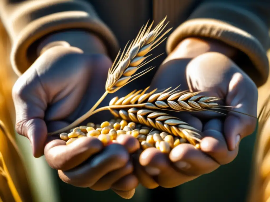 Las fuertes manos de Norman Borlaug sostienen una espiga dorada en medio de la luz del sol, simbolizando la revolución verde en la agricultura