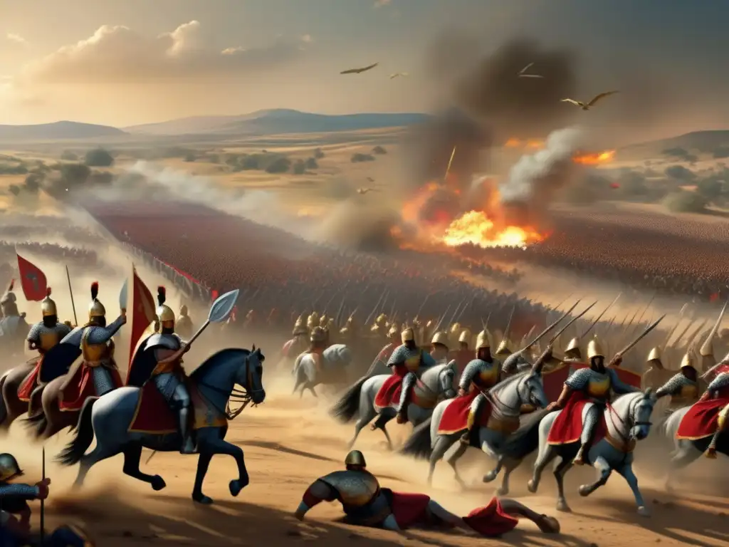 Aníbal Barca lidera sus fuerzas carthaginesas en la Batalla de Cannae, destacando sus estrategias militares en un caótico campo de batalla