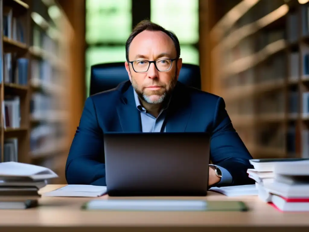 Jimmy Wales, fundador de Wikipedia, concentrado en su trabajo rodeado de libros y tecnología