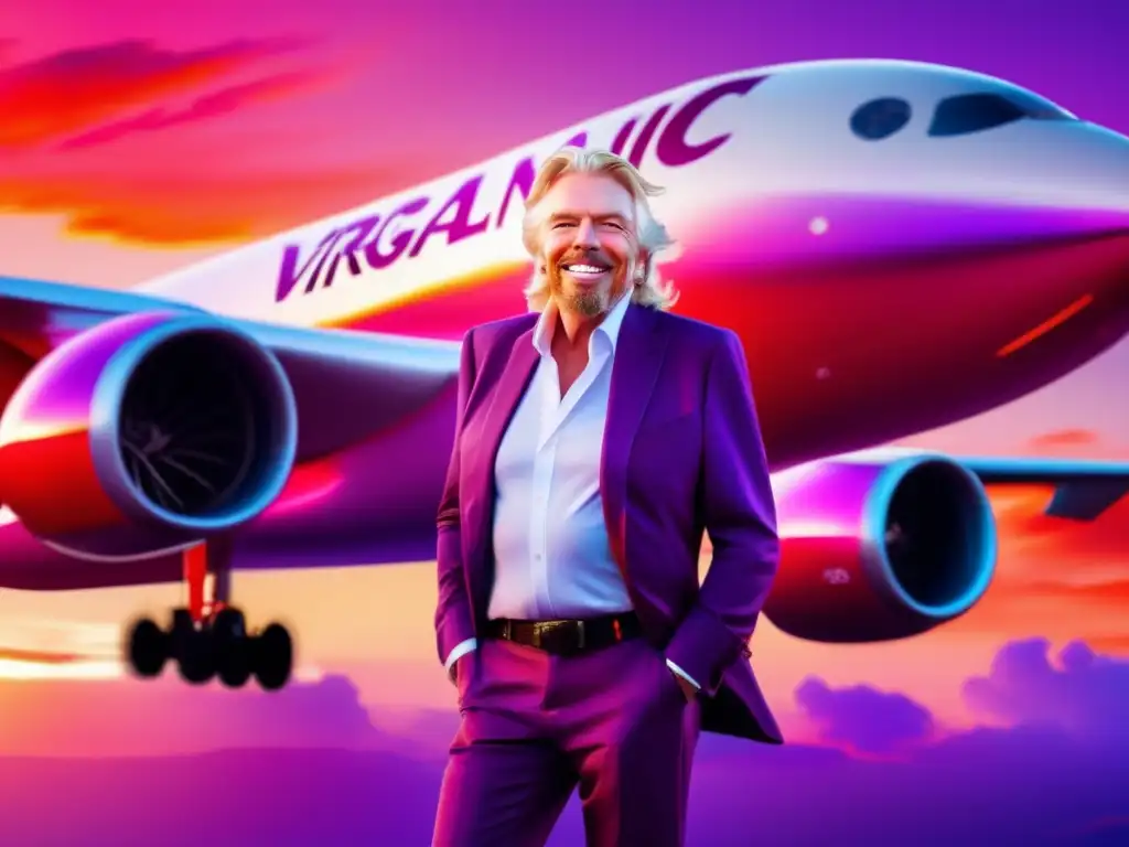 Richard Branson, fundador de Virgin Group, desafiante y confiado, posa en el ala de un avión de Virgin Atlantic al amanecer