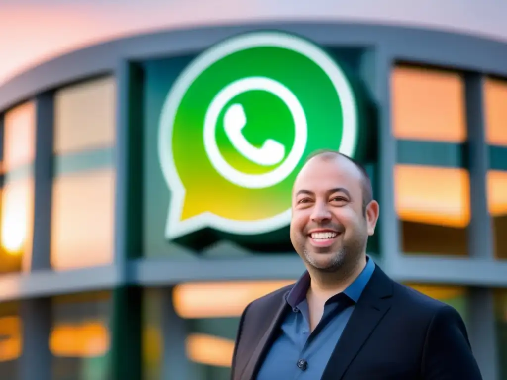 Jan Koum, fundador de WhatsApp, irradia éxito frente a la sede, con el sol poniéndose detrás