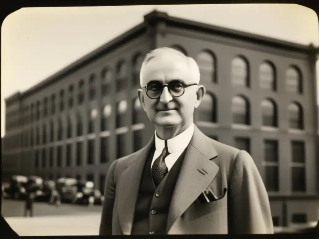 George Eastman, fundador de Kodak, posa frente a la fábrica original con una cámara vintage al cuello