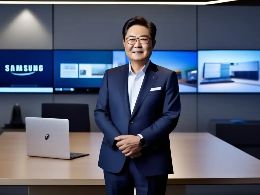 Lee Byungchul, fundador de Samsung, en su oficina, rodeado de tecnología de vanguardia, reflejando su legado en la industria