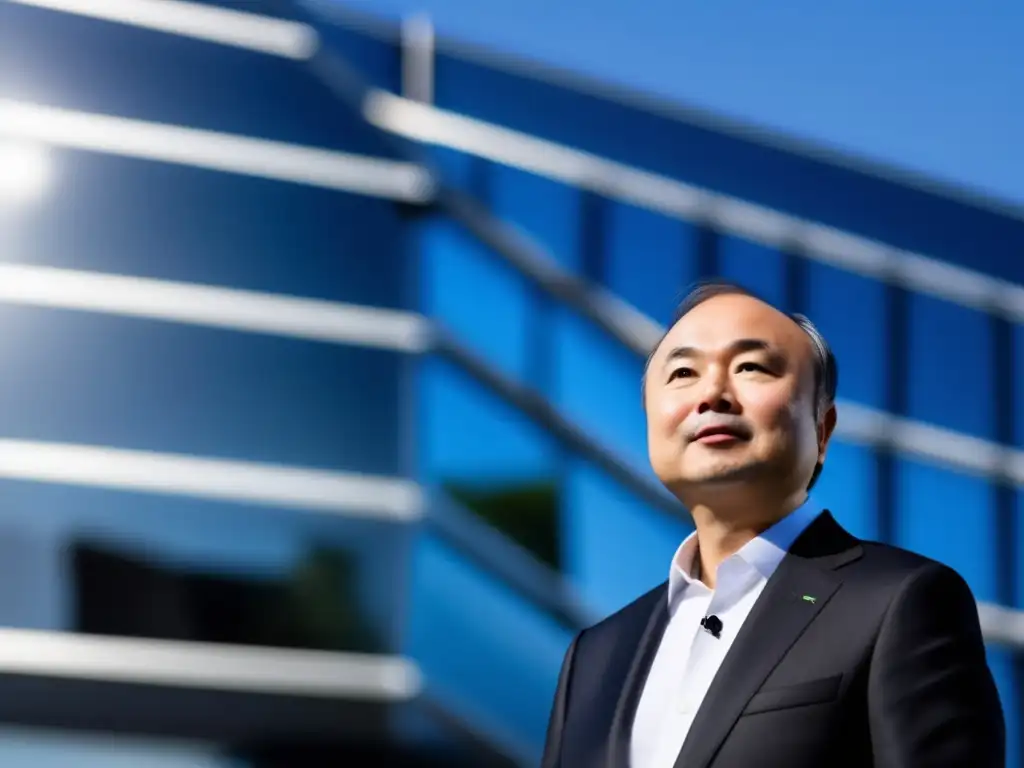 Masayoshi Son, fundador de SoftBank, inspirado frente a un edificio futurista