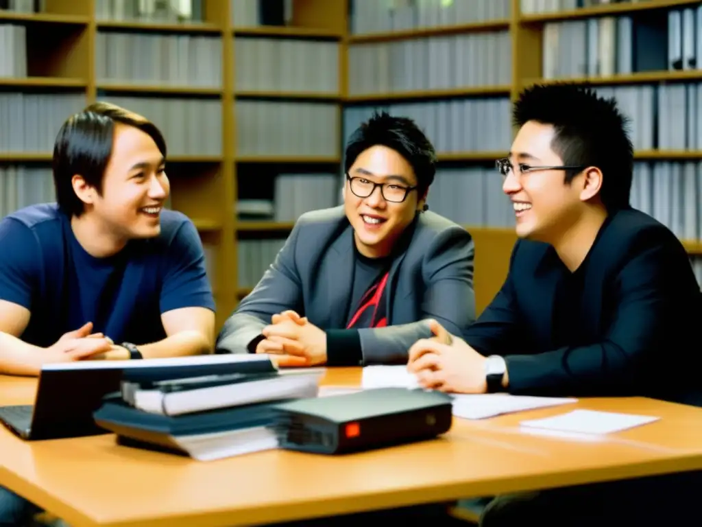 Los fundadores de YouTube, Chad Hurley, Steve Chen y Jawed Karim, discuten emocionados frente a sus computadoras en los primeros días de la plataforma