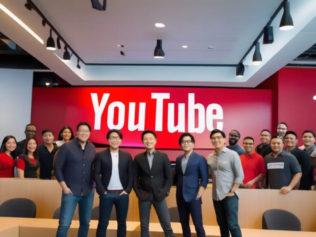 Los fundadores de YouTube, Chad Hurley, Steve Chen y Jawed Karim, junto a empleados en la sede