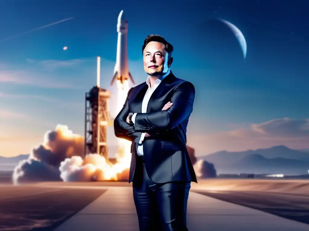 Elon Musk mira con determinación hacia el futuro, rodeado de luz brillante junto a un cohete de SpaceX