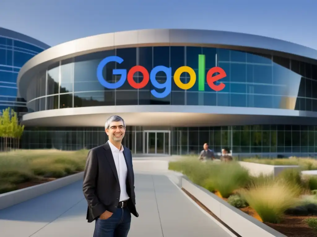 Larry Page lidera el futuro de la tecnología en un campus de Google futurista, rodeado de innovación y un equipo de ingenieros