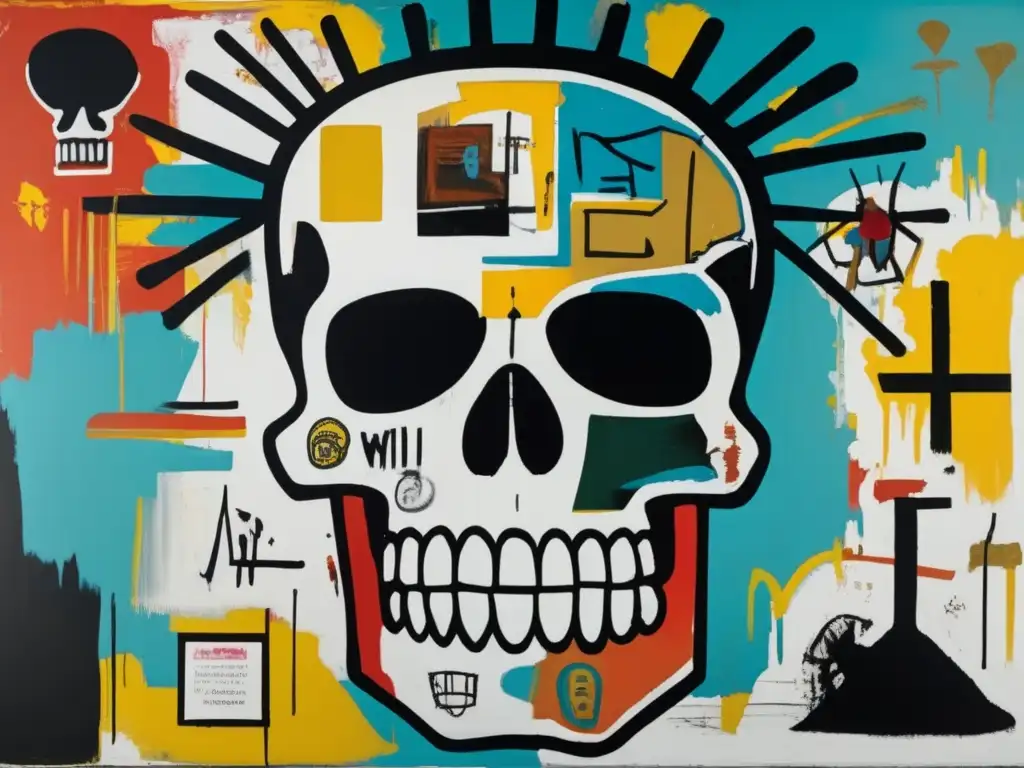 En una galería de arte contemporáneo, la icónica pintura 'Untitled (Skull)' de Jean-Michel Basquiat irradia energía cruda y detalles intrincados