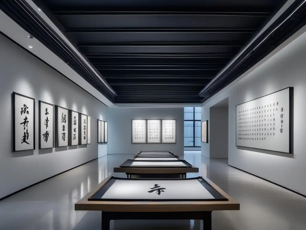 En una galería de arte moderno, una instalación minimalista de caligrafía china tradicional iluminada por luz natural crea una atmósfera contemplativa