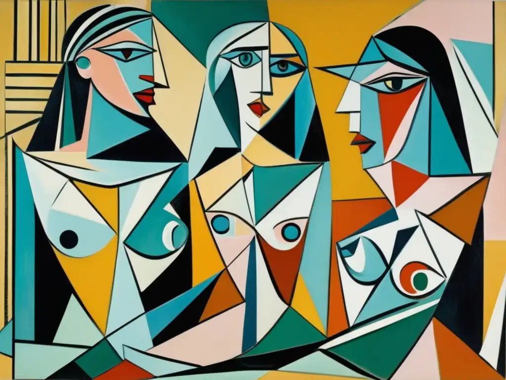 En una galería de arte moderno, la icónica pintura cubista 'Les Demoiselles d'Avignon' de Pablo Picasso irradia influencia y liderazgo en el Cubismo