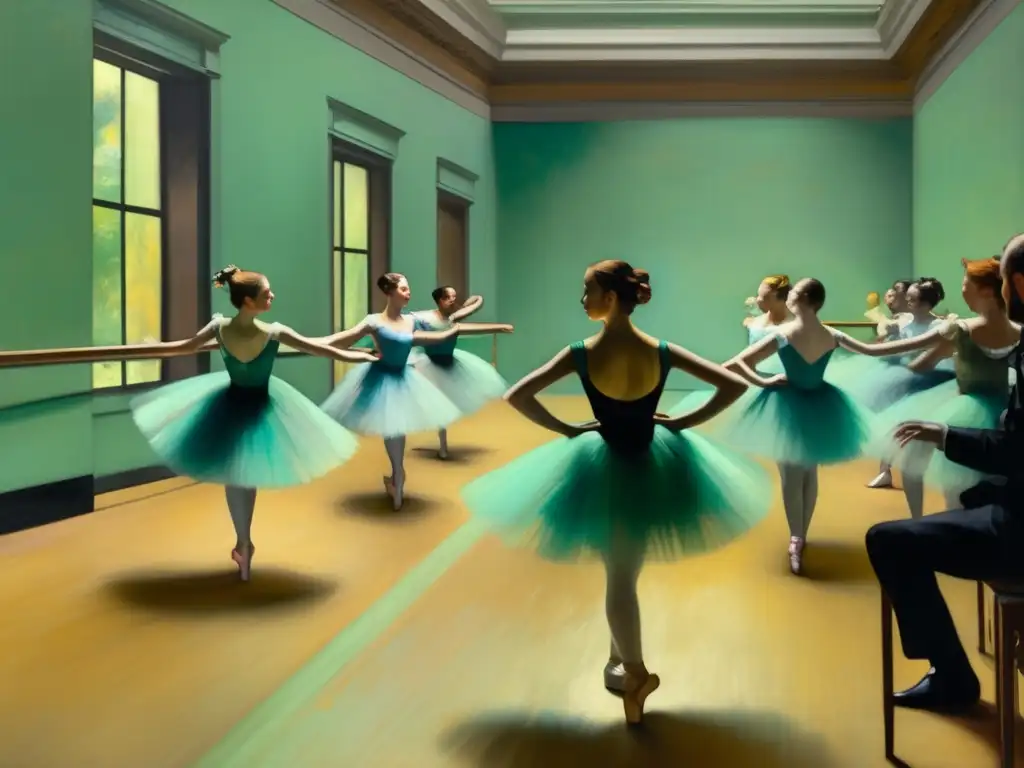 En una galería de arte moderno, la vibrante pintura 'Ensayo de ballet en el escenario' de Edgar Degas se destaca