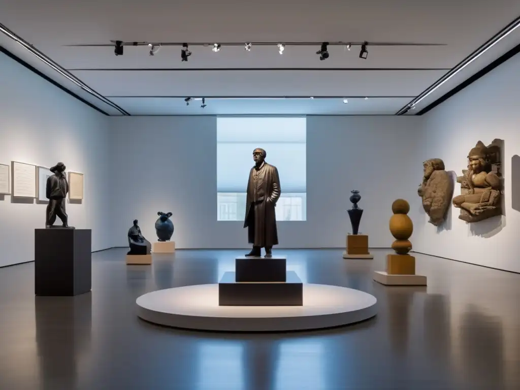 En una galería espaciosa, una instalación de arte moderno representa la filosofía pragmatista de Simon Frank con esculturas que capturan su legado